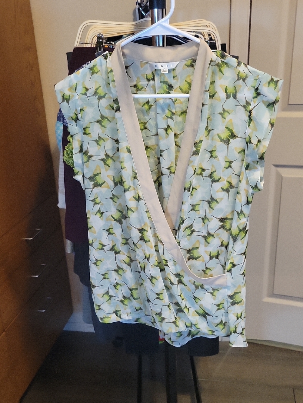 CAbi Floral Wrap Blouse in Light Blue, Green and Cream Trim